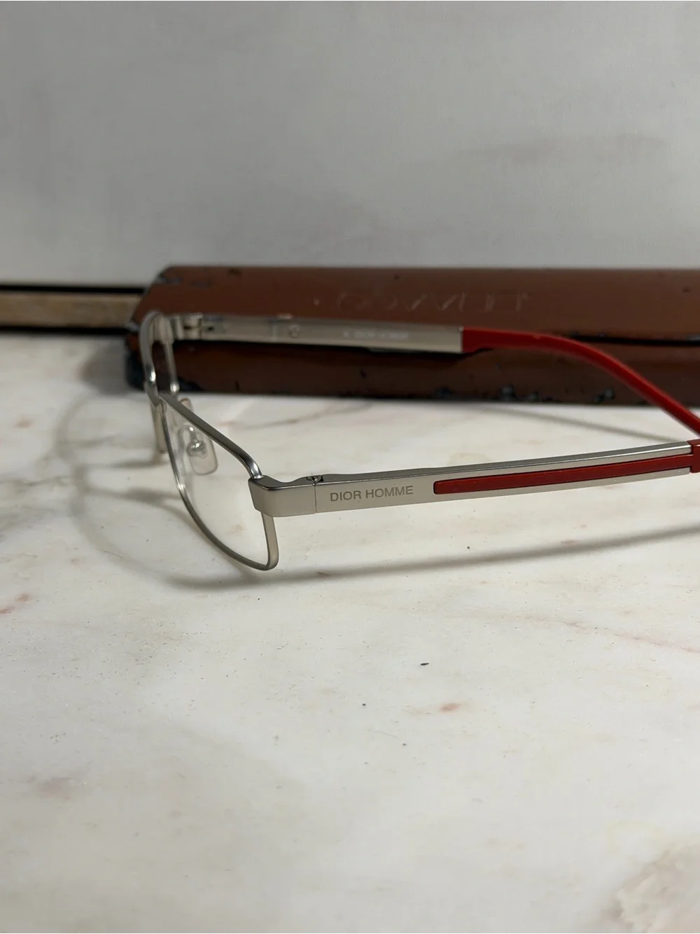 NWT Dior Homme Silver Rectangular Eyeglass Frames with Red Temples
